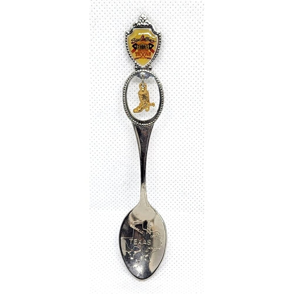 San Antonio Collectible Souvenir Spoon With Texas Map & Gold Boot Charm